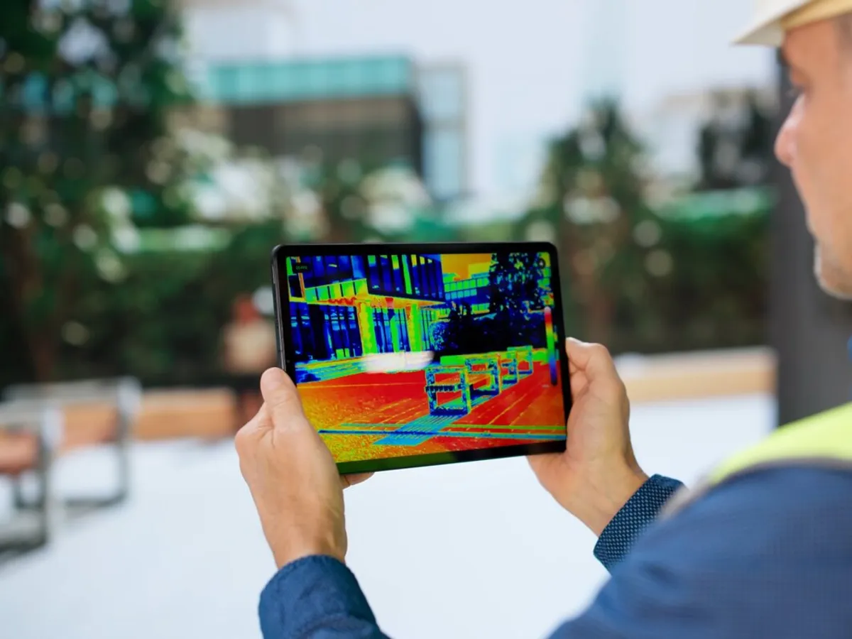 Ingénieur consultant sur tablette l'image thermique de la façade d'un bâtiment